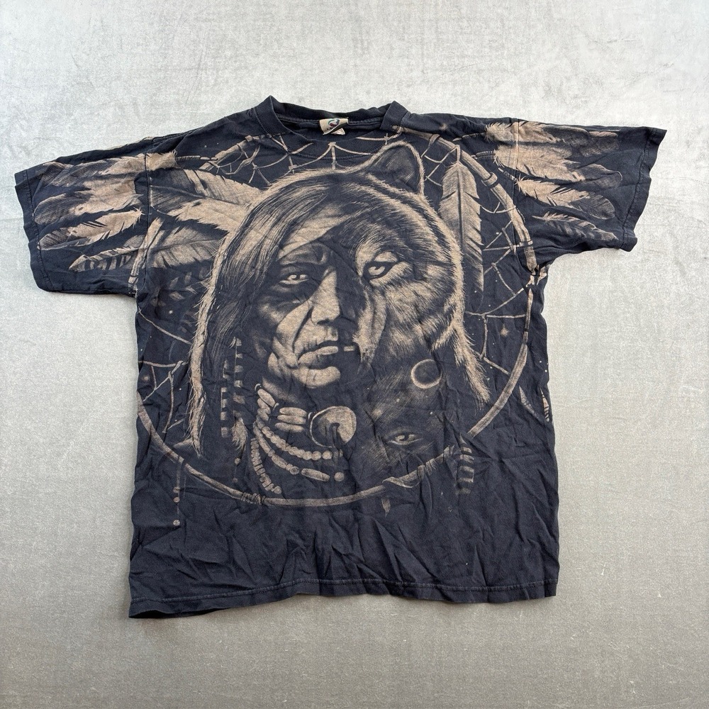 VTG Liquid Blue Native‎ Wolf Graphic T Shirt Black Mens XL